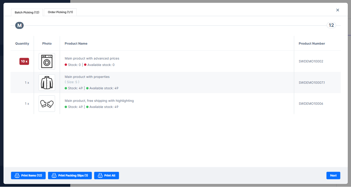 Batch Picking tab — the aggregated item list