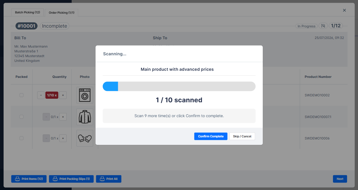 Quantity scan in progress — scan each unit until the line is complete
