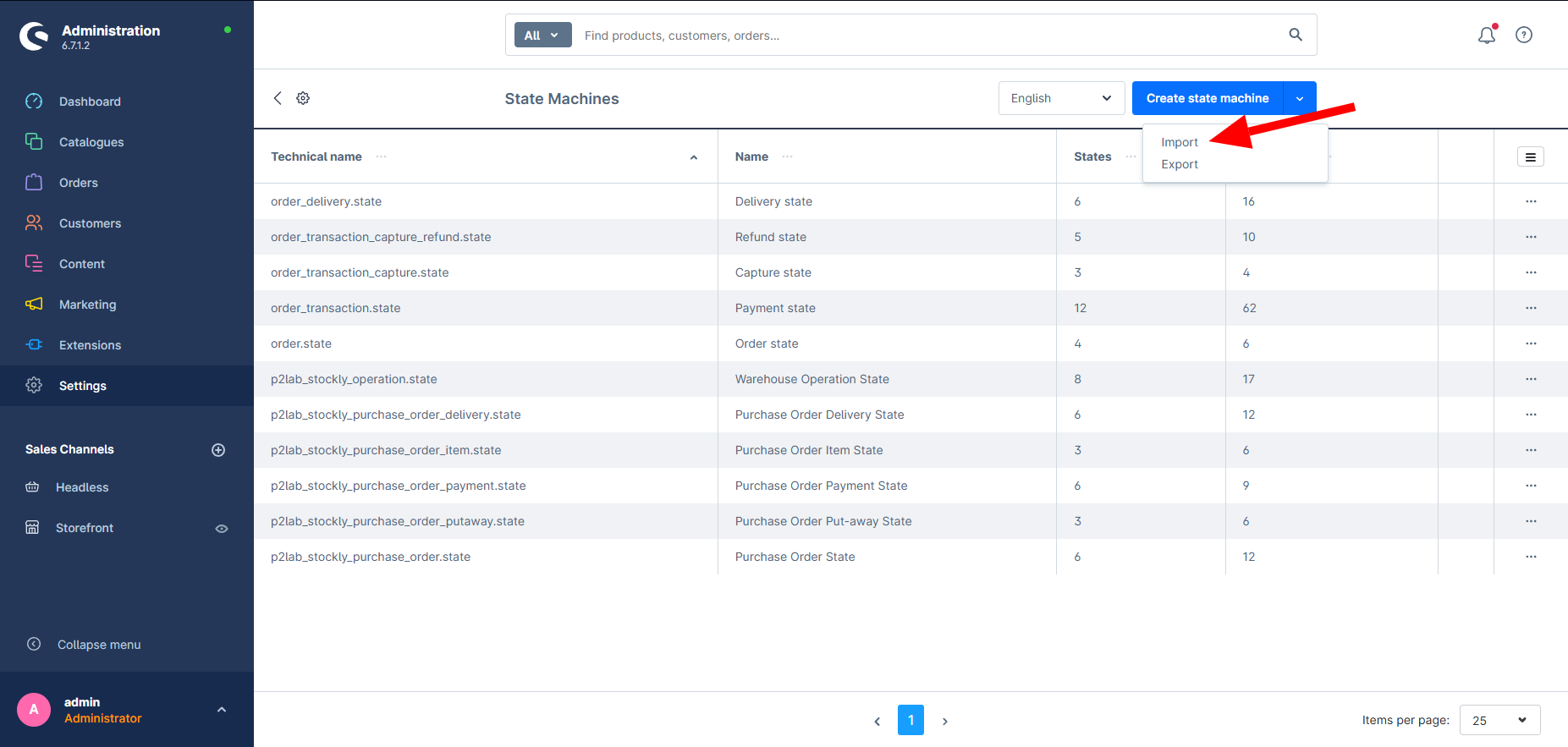 The Import and Export entries in the menu next to Create state machine