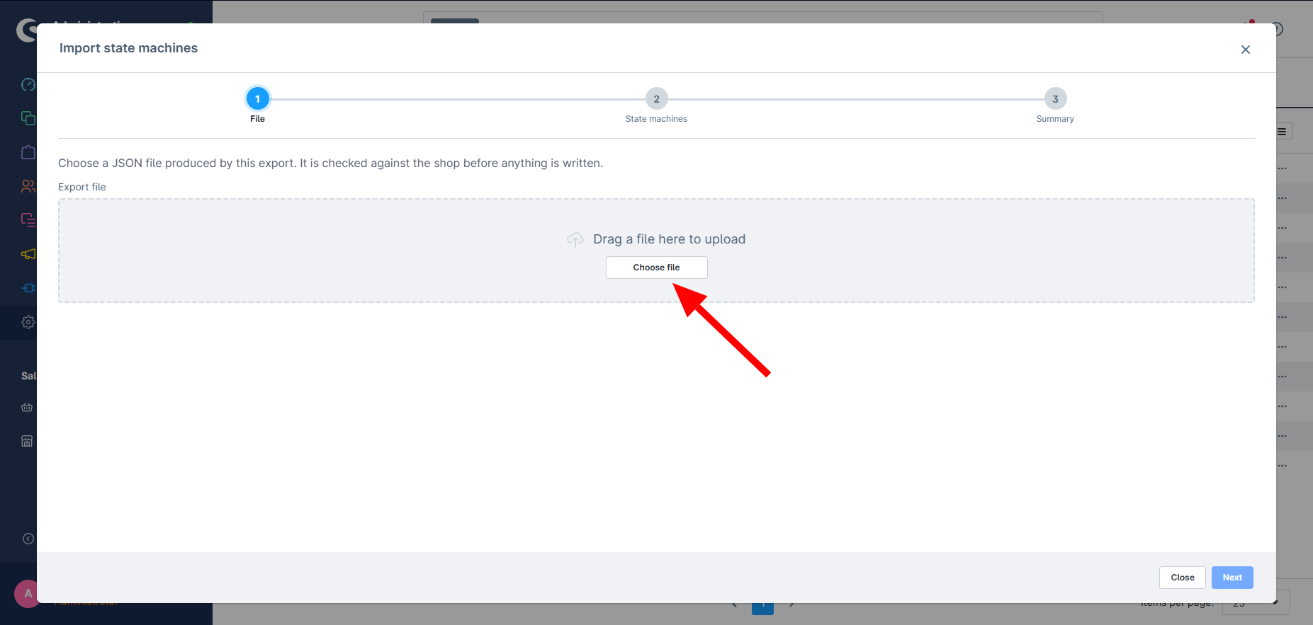 The import wizard with an empty file field and the Choose file button